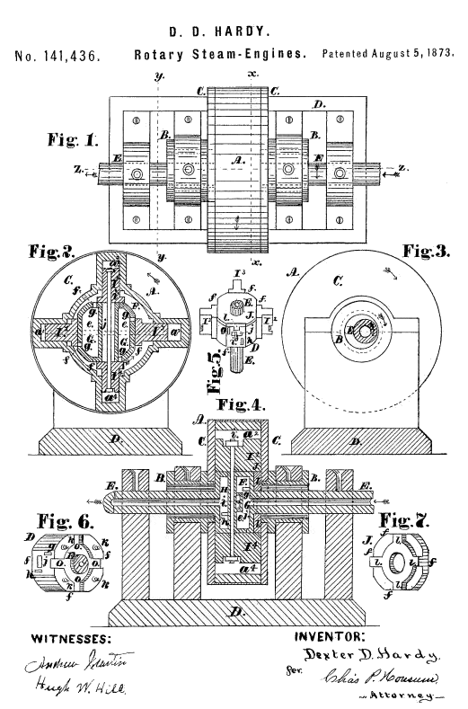 Hardy Rotary Engine patent drawing: 1873